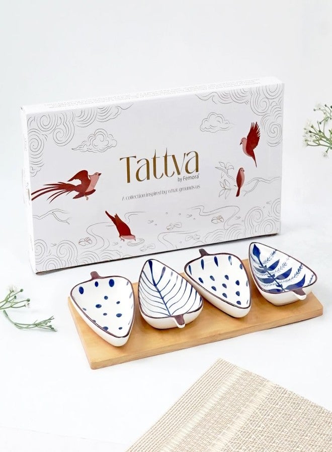Femora Ceramic Serving Platter | 4 Small Leaf-Shaped Plates with 1 Wooden Tray | Perfect for Serving Sweets, Cookies, Dry Fruits, Mouth Freshner & Snacks (Blue & White). - Image 2